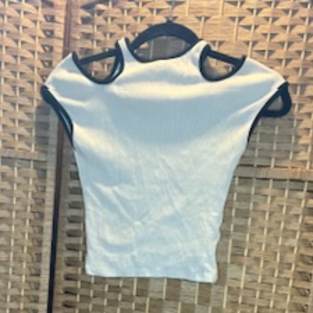 Divided (H&M) | White with Black Trim | Ribbed Cold Shoulder Cropped Top